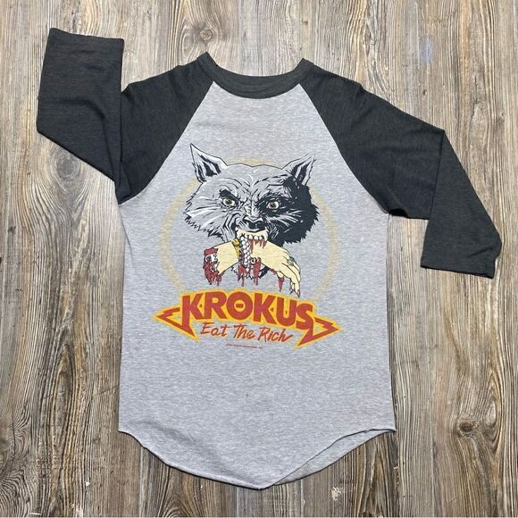Vintage T Shirt Krokus Eat The Rich 1983 Tour Shirt S/M Raglan 50/50 Made In USA - Picture 1 of 12